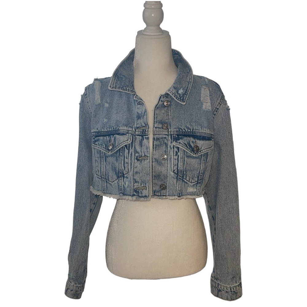 Women’s DIVIDED Distressed Cropped Denim Jean Jacket Size Large